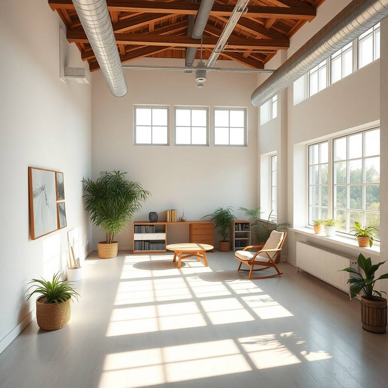 A bright and airy studio space with large windows and natural light.