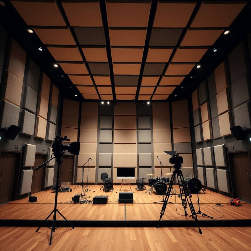 A large sound stage with acoustic treatment, suitable for filming and audio recording.