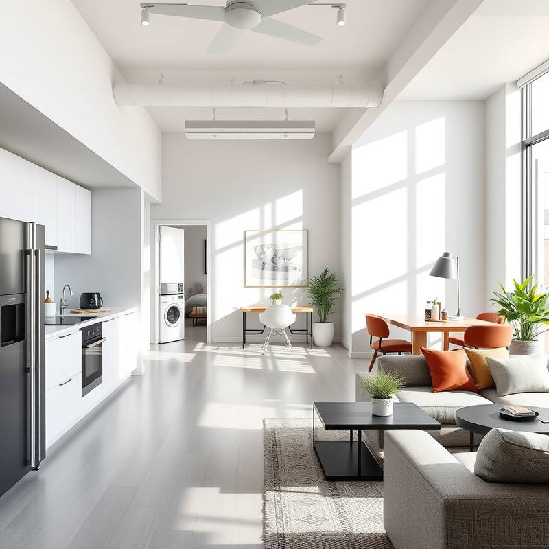 A modern studio apartment setup with a kitchen and living room area.