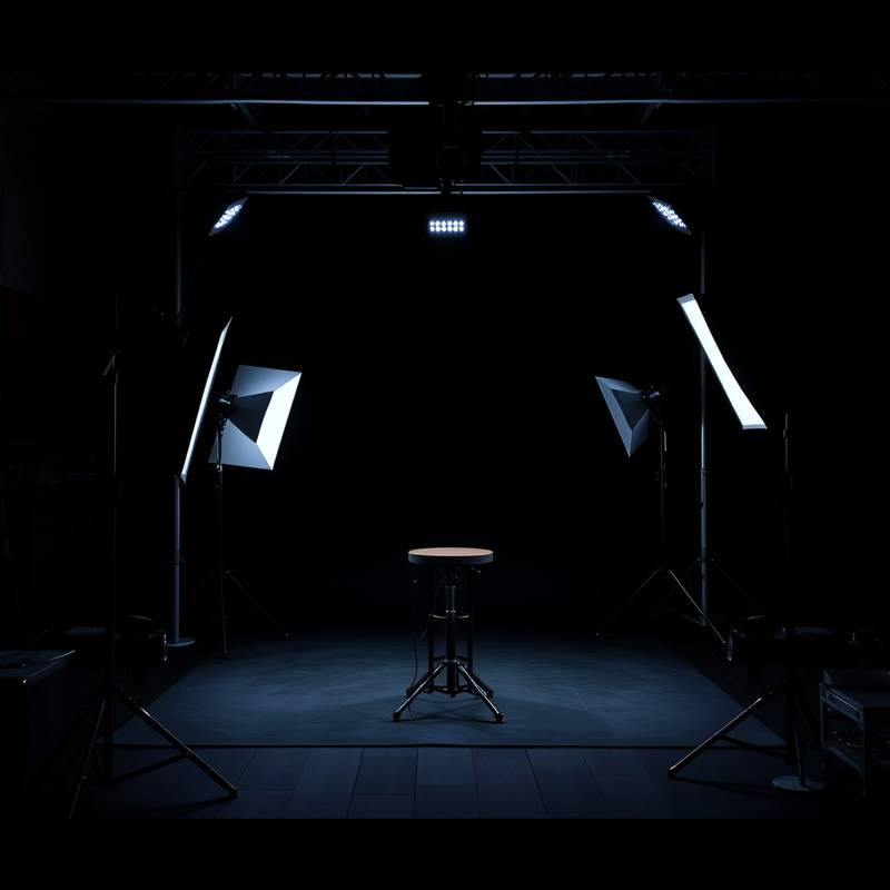 A studio with a dark backdrop and professional lighting equipment.