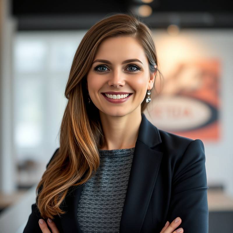 Anya Petrova, the founder and CEO of Stellaris Studios, smiling confidently.