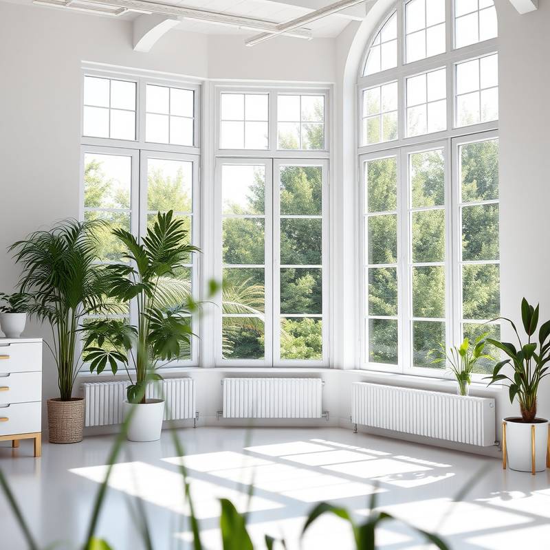 Bright studio space with large windows and natural light, plants in foreground.
