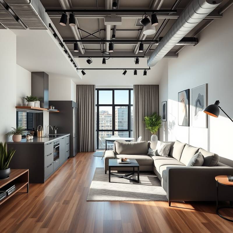 Lifestyle studio setup mimicking a modern apartment with a kitchen and living room.