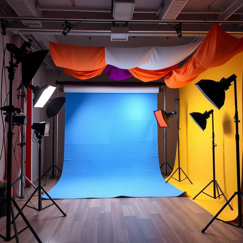 Studio filled with colorful paper backdrops and various lighting equipment for creative photography.